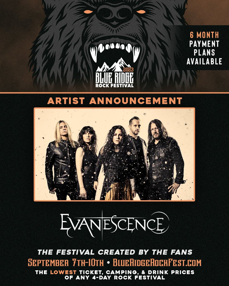 BlueRidgeRock's tweet photo. ARTIST ANNOUNCEMENT #88: @evanescence 

Celebrating the 20th Anniversary of their landmark Diamond-selling album "Fallen", EVANESCENCE will headline Main Stage 2 at Blue Ridge Rock Festival 2023 this September! https://t.co/3rkSvJuvvj