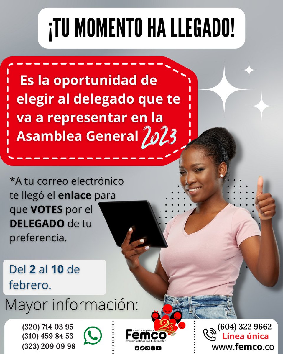 FFemco's tweet photo. 👉Recuerda votar 🗳️ por el Delegado(a) que te representará en la Asamblea General Ordinaria de Delegados 2⃣0⃣2⃣3⃣
💥Hasta el 10 de febrero tienes plazo para hacerlo.
👇🏻
https://t.co/d9jmEPl3tN

#TodosSomosFemco #Votaciones #Elegir #Viernes #Delegados #Asociados #Ideas https://t.co/jaEV2psYKO