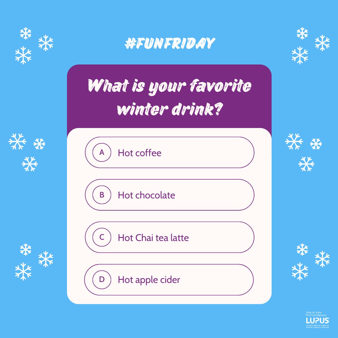 LupusNC's tweet photo. Tell us your favorite winter drink!
#LFANC #FunFriday https://t.co/eixyfD7IdI
