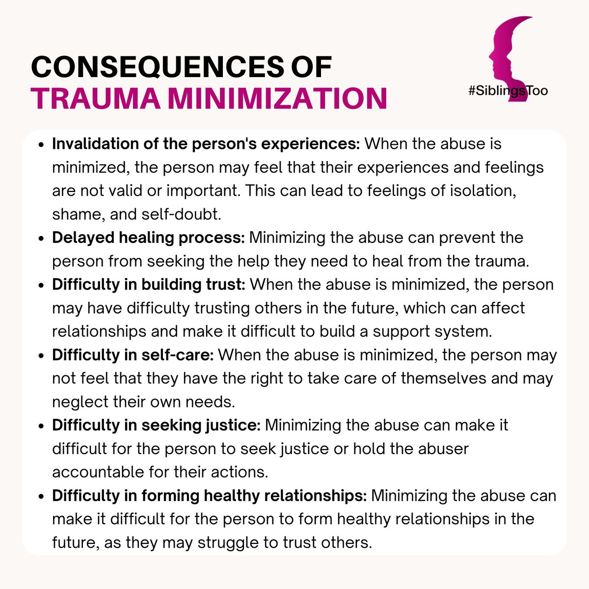Minimizing the abuse refers to downplaying or dismissing the severity of the abuse that someone has experienced. It can be harmful because it can prevent the person from getting the help they need &amp; prolong their healing process.

Resource: themendproject.com/minimization/

#SiblingsToo