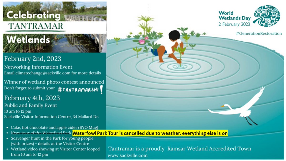 WORLD WETLAND DAY ACTIVITIES ARE STILL ON TOMORROW from 10 am to 12 pm at the Visitor Information Centre at 34 Mallard Dr - except the Waterfowl Park Tour scheduled for 10 am has been cancelled and the scavenger hunt is indoors (complete it for a t-shirt or tote bag!)