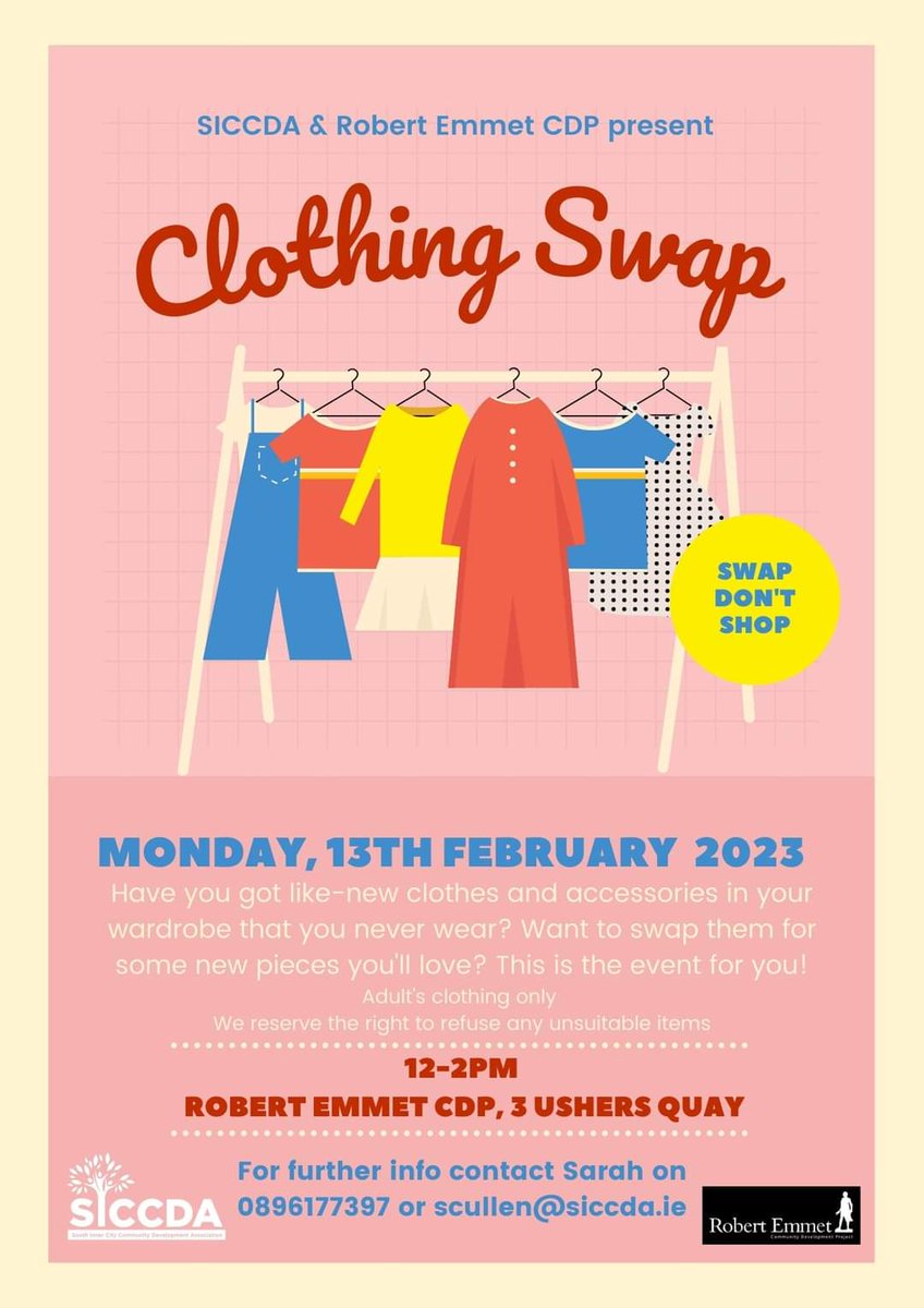 SICCDA's tweet photo. Swap shop alert!
When: Monday 13th February, 12pm-2pm
Where: @cdp_robertemmet 

Have you got like-new clothes and accessories in your wardrobe that you never wear? Want to swap them for some new pieces you'll love? This is the event for you! https://t.co/D5pCn3gMfX