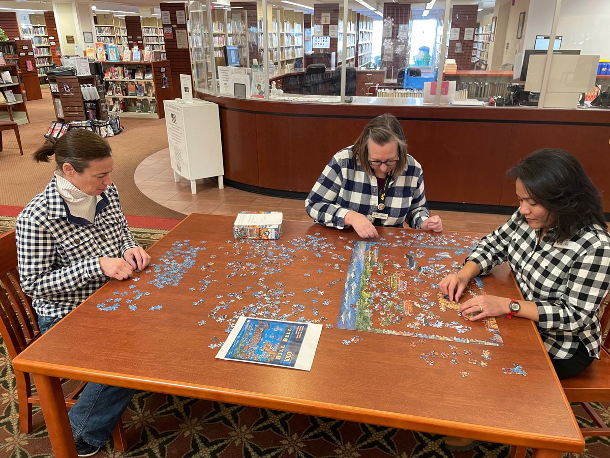 Today is the perfect day for plaids and puzzles! Work on the puzzle we have here, or borrow one to take home. It's toasty warm here, open until 5pm. #oldsaybrook