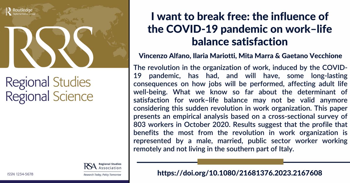 New #openaccess article: 'I want to break free: the influence of the COVID-19 pandemic on work–life balance satisfaction' by Vincenzo Alfano, <a href="/ilariamariotti5/">Ilaria Mariotti</a> <a href="/mitamarra/">Mita Marra</a> &amp; @gaetavecc

doi.org/10.1080/216813…