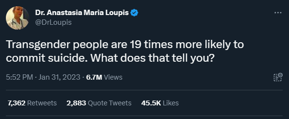 Screenshot of a tweet from @DrLoupis that reads "Transgender people are 19 times more likely to commit suicide. What does that tell you?