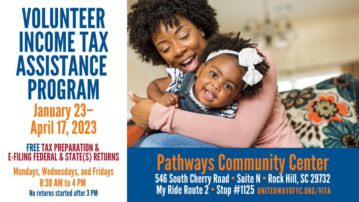The {FREE} VITA Tax Preparation Program is underway at Pathways Community Center.

This service is available to York County families that earn around $56,000 or less annually. For more info visit: unitedwayofyc.org/vita/