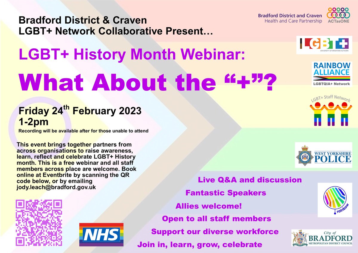 Bradford District & Craven LGBT+ Network Collaborative are a group of LGBT+ Networks across Bradford District & Craven incorporating NHS, LA, Uni & Police. What About the “+” celebrates diversity within the LGBT+ community and explores what it means to be part of the '+'.