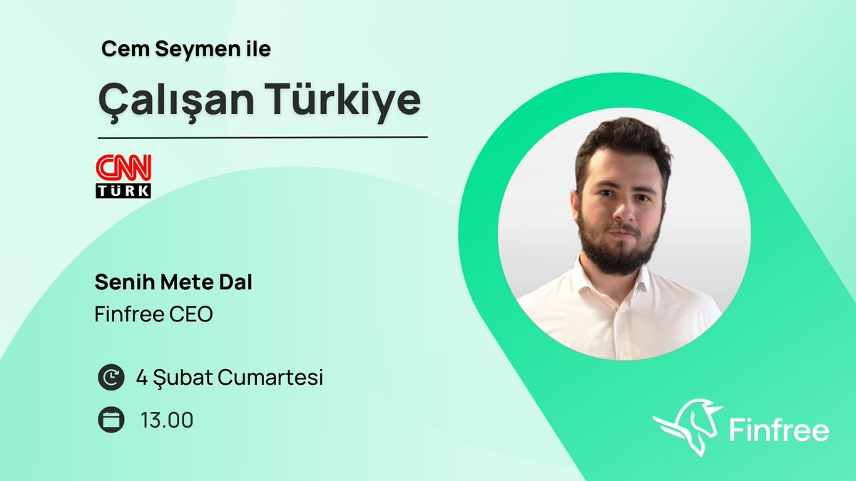 Finfree kurucusu ve CEO'su <a href="/SenihDal/">Senih Mete Dal</a>, yarın saat 13.00'te <a href="/cnnturk/">CNN TÜRK</a>'te! 

<a href="/cemseymen/">Cem Seymen</a>'in sunduğu ''Çalışan Türkiye'' programına konuk olan Senih Mete Dal, bireysel yatırımcı ihtiyaçlarına sunduğumuz çözümleri ve Finfree ile ilgili merak edilenleri yanıtlayacak 👀