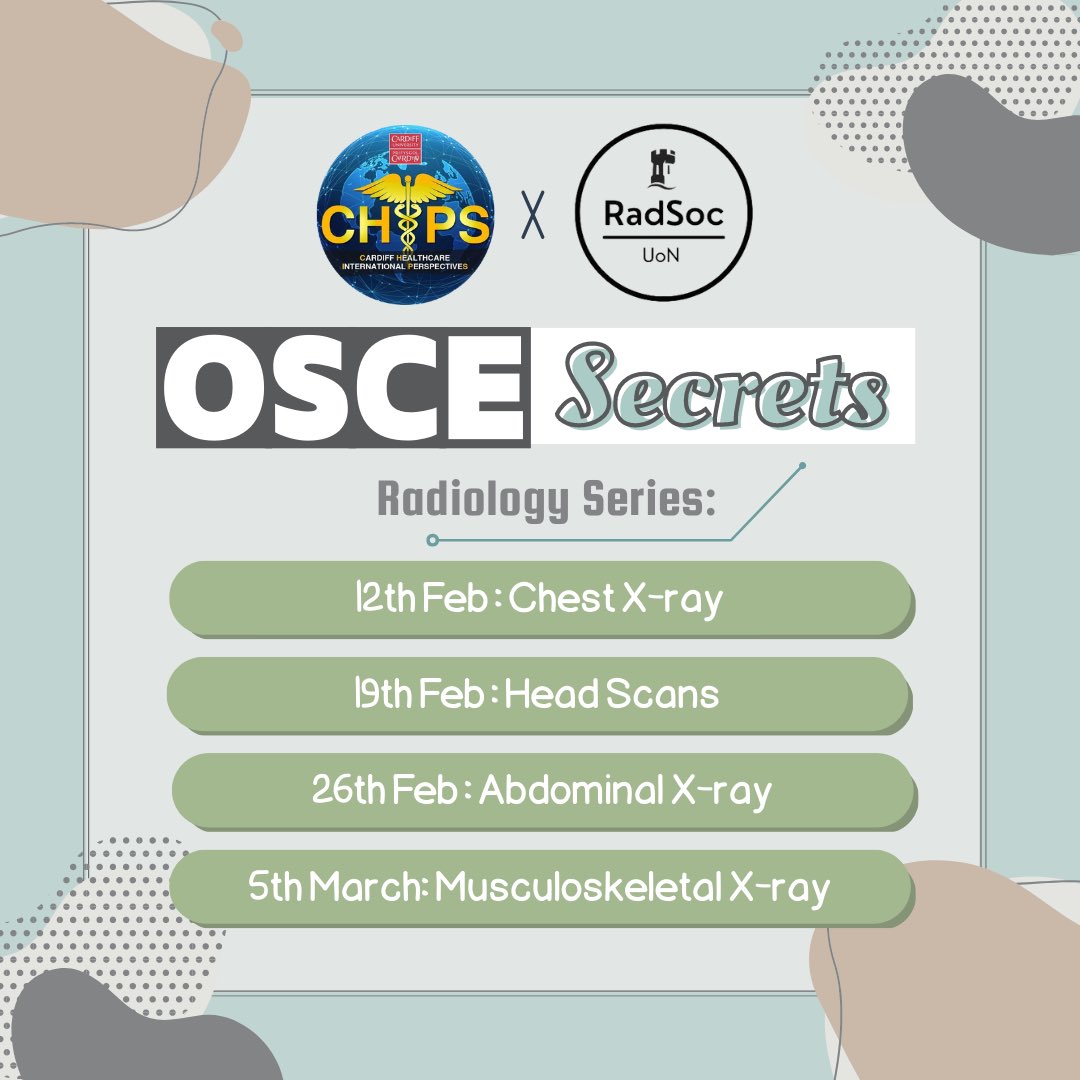 chips_cardiff's tweet photo. CHIPS is launching a revision series OSCE SECRETS in collaboration with UoN Radiology Society

To better prepare for their OSCE finals, we deliver high quality content to help YOU tackle common exam questions.

Sessions will take place EVERY SUNDAY at 6PM starting from 12th Feb. https://t.co/RECnvLVMTX