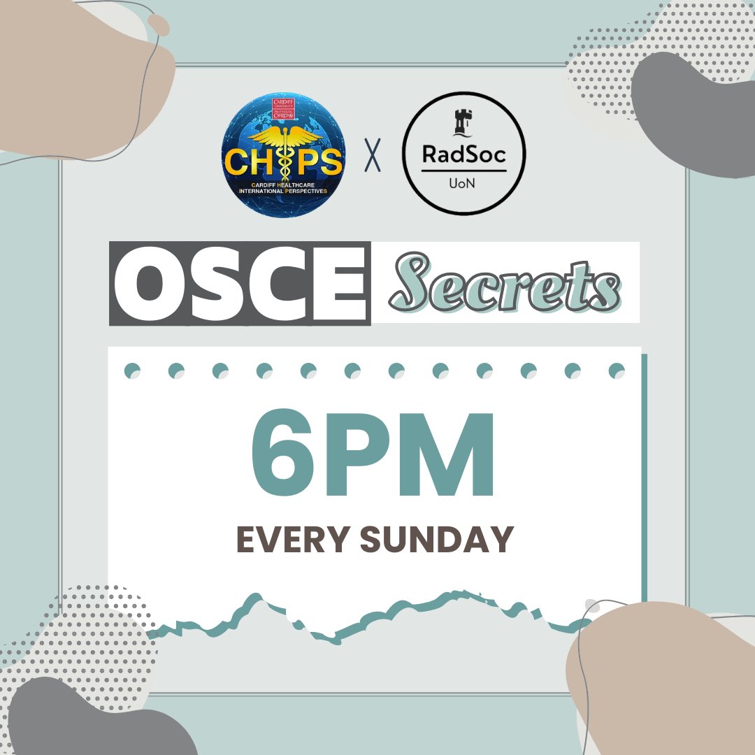 chips_cardiff's tweet photo. CHIPS is launching a revision series OSCE SECRETS in collaboration with UoN Radiology Society

To better prepare for their OSCE finals, we deliver high quality content to help YOU tackle common exam questions.

Sessions will take place EVERY SUNDAY at 6PM starting from 12th Feb. https://t.co/RECnvLVMTX