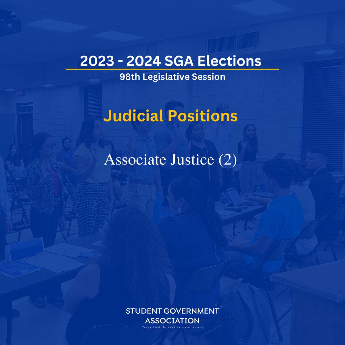Mark your calendars, it’s SGA election time for the 98th Legislative Session! If you have any questions, feel free to contact our office at (361) 593-3610. 

#tamuksga #elections2023