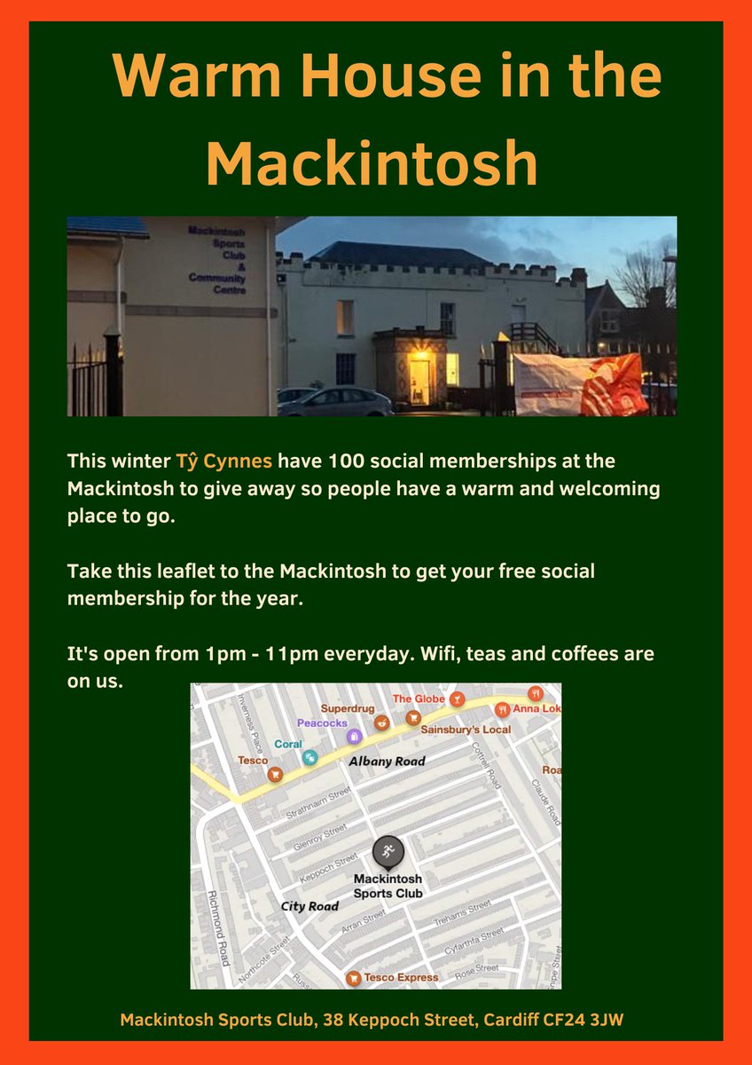 MeurigRogers's tweet photo. The Ty Cynnes Warm House project giving away 100 free social memberships at the Mackintosh Sport Club in Roath still has plenty of free tickets. You can pick up a ticket from behind the bar.
It's open every day from 1 till 11pm and there's free wifi, tea and coffee. https://t.co/0nMO82NGu2