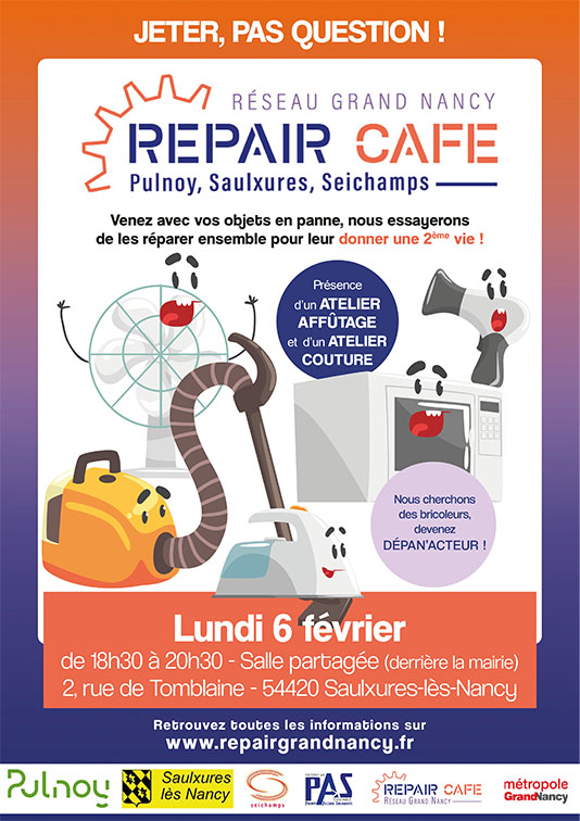 #RepairCafe
Lundi 6/02, le Repair Café #Pulnoy Seichamps Saulxures sera à la salle partagée de Saulxures. 
🪛🔧 De 18h30 à 20h30, vous pouvez apporter vos objets en panne pour tentervde leur donner une 2ème vie.
Et toujours la présence des ateliers affûtage et couture 👍.