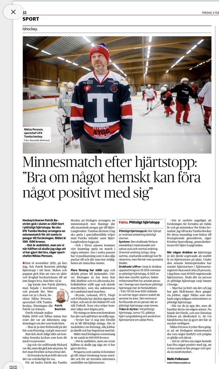 StefanJutterdal's tweet photo. Läser i @dagensnyheter idag.
Vilket fint initiativ av @TumbaHockey
Man blir så berörd!❤️ 
Det behövs mycket mer kunskap om #hjärtstopp #hlr och #hjärtstartare som är tillgängliga dygnet runt. 
Läs vårt blogginlägg från seminarium i riksdagen https://t.co/b4kINTs1vO https://t.co/5mXRpam9WN