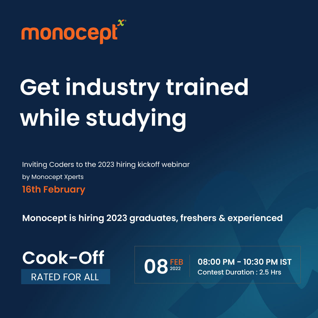 Cook-Off is near the corner. Monocept is yet again the contest partner and is looking for 2023/2022 graduates + freshers + experienced coders. The application is on the contest page: buff.ly/3ju4eml #CodeChef #coding #hiring