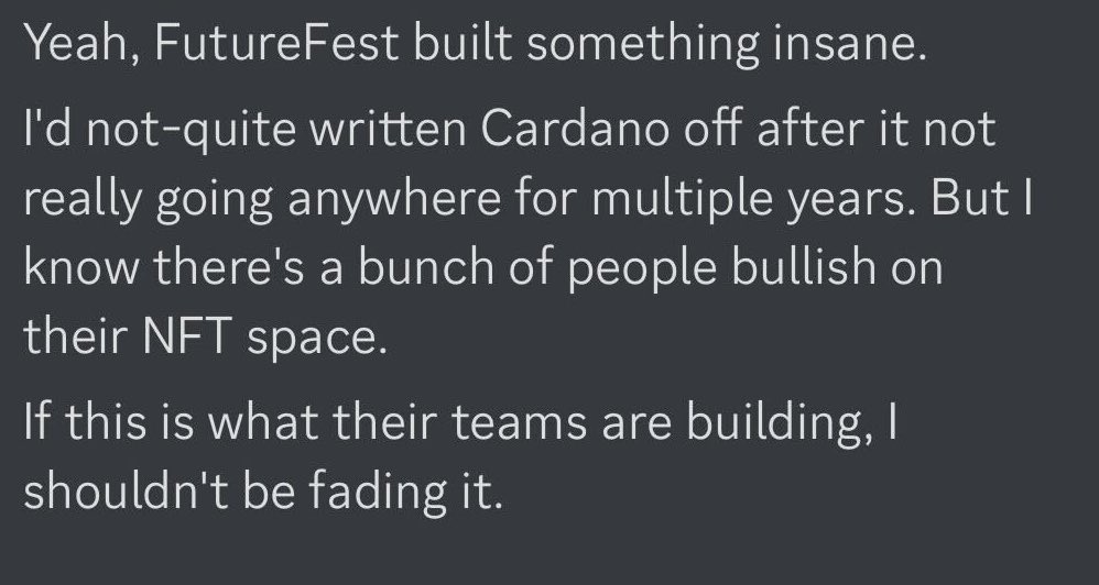 AGI-Papi๐พ (@agi_papi) on Twitter photo I went from posting degen plays, to talking about the future of virtual concerts.
Sometimes I feel out of touch with the NFT community, but comments like these reminds me of the impact of <a href="/futurefestxr/">FutureFest ๐ค | Virtual Events</a> on Cardano.
๐๐๐ I went from posting degen plays, to talking about the future of virtual concerts.
Sometimes I feel out of touch with the NFT community, but comments like these reminds me of the impact of <a href="/futurefestxr/">FutureFest ๐ค | Virtual Events</a> on Cardano.
๐๐๐
