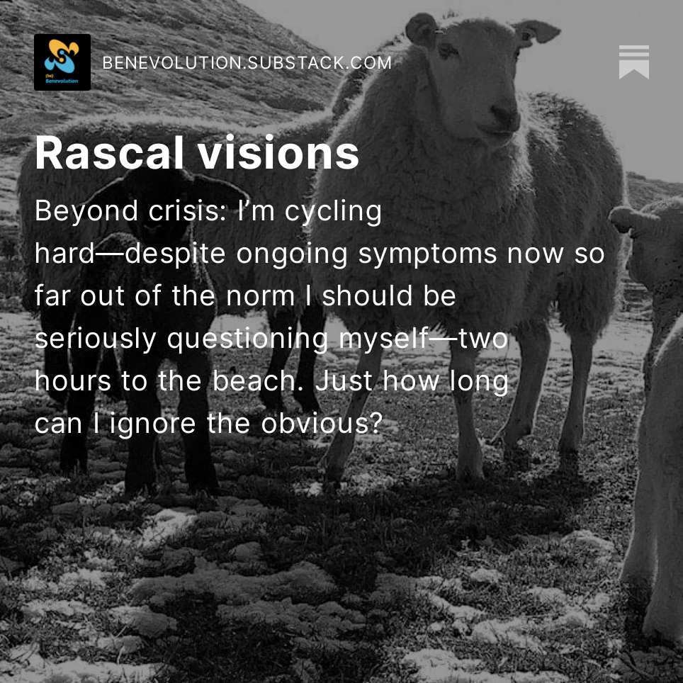 simondivecha's tweet image. Act 1, Scene 2, of the rascal, the mongrel and the mutant. Visions: My crisis/crises start to entangle with our meta-crisis benevolution.substack.com/p/rascal-visio… It's not just me with ongoing symptom so far out of the norm I should really be questioning them hard. Cough, our world...?!