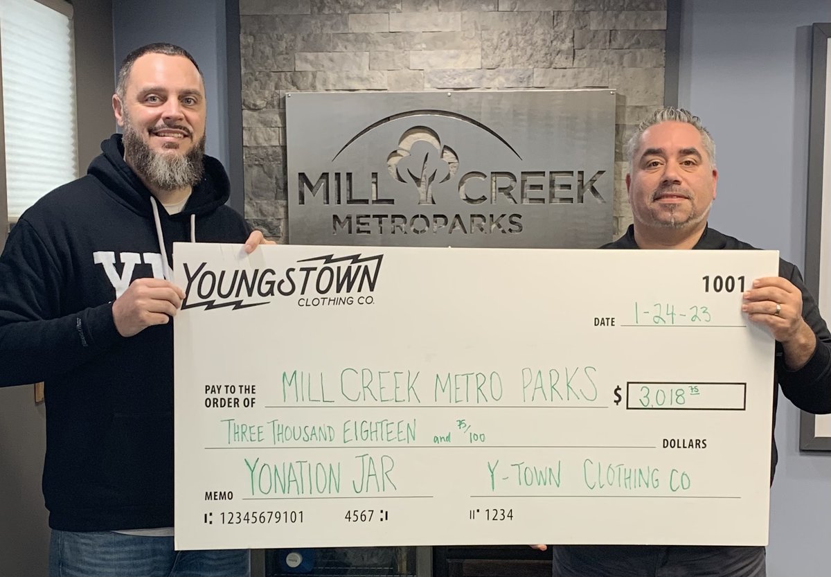 MillCreekFDN's tweet photo. Our Partners in the Parks, Youngstown Clothing Co. presents a check for $3,018.75 for the Children's Garden Campaign. #lovemillcreek #youngstownclothingco https://t.co/uXpye8Xrsq