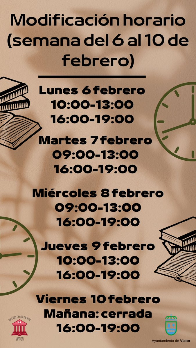 ⌚️⌚️La semana que viene (del 6 al 10 de febrero) nuestro horario sufrirá modificaciones quedando así:

Lunes 6 y jueves 9 de febrero:
10:00-13:00
16:00-19:00

Martes 7 y miércoles 8 de febrero:
09:00-13:00
16:00-19:00

Viernes 10 de febrero:
Mañana: cerrada
16:00-19:00