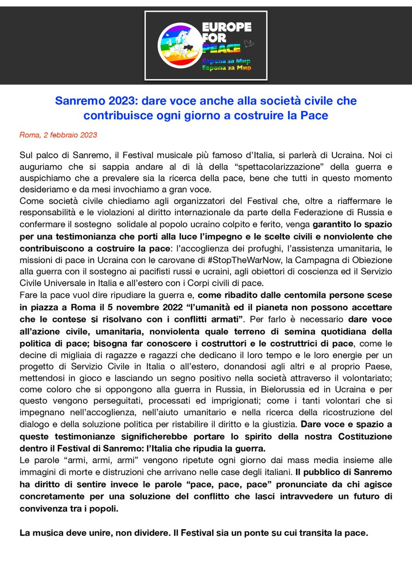 Sul palco di <a href="/SanremoRai/">Festival di Sanremo</a> si parlerà di #Ucraina. 
Come CNESC - Conferenza Nazionale Enti per il Servizio Civile promuoviamo il protagonismo del #ServizioCivileUniversale e deo #CorpiCivilidiPace come strumenti concreti di pace
