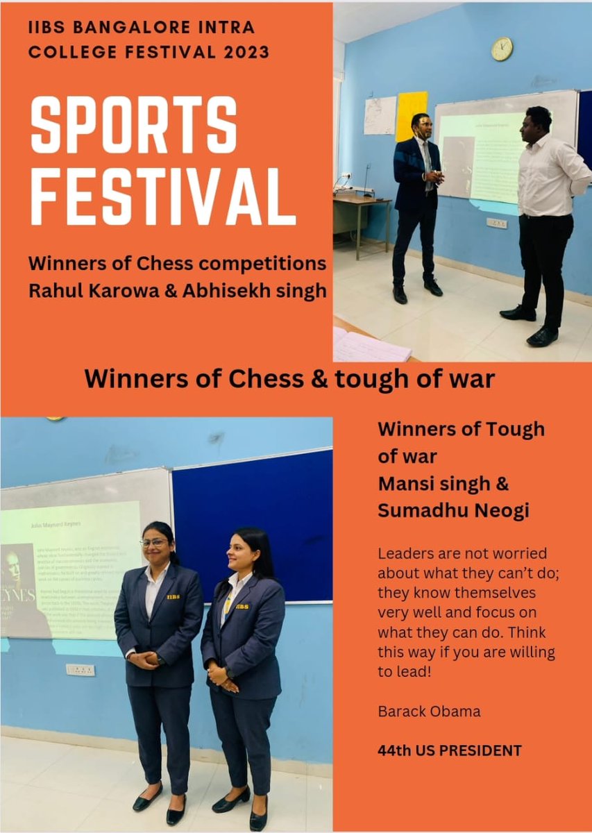 Operation_Pgdm's tweet photo. IIBS BANGALORE SPORTS FESTIVAL 2K23 
.
( Winners of Chess Competition  - Rahul Karowa  &amp; Abhishek Singh )
.
.
( And Winners Of Tough Of War - Mansi Singh &amp; Sumadhu Neogi )

Congratulations To Then  &amp;  All The Best.

#operationmanagement #inventory #pgdm #Suppychainmanagement https://t.co/rsJ1Zv00M1