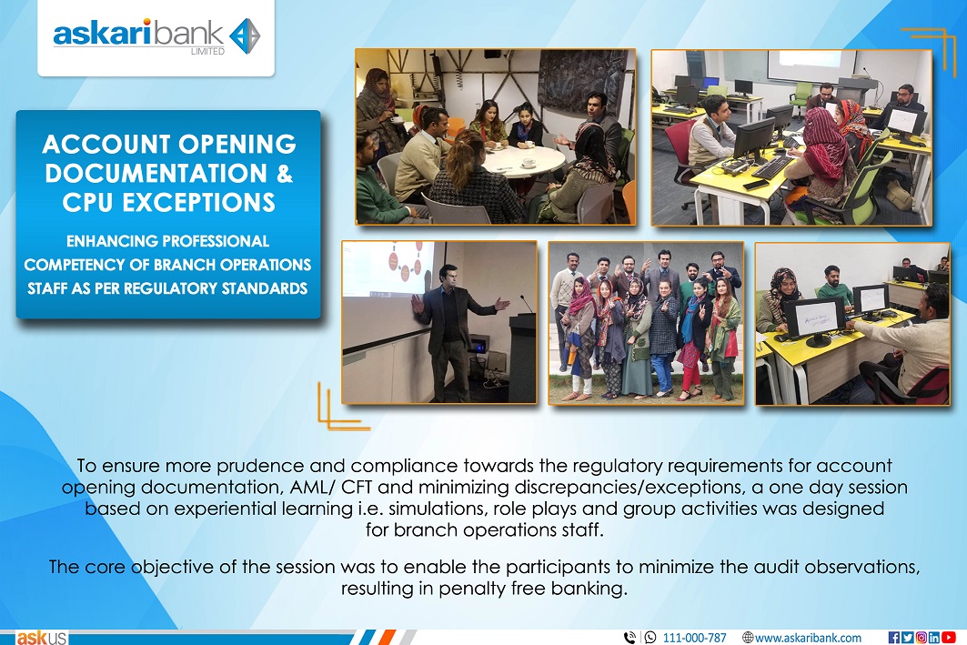 Askari_Bank's tweet photo. Account Opening Documentation & CPU Exceptions - Enhancing Professional Competency of Branch Operations Staff as per Regulatory Standards.
#AskariBank #AccountOpening #BranchOperations #Regulations #Documentation #Learning #Development #HRD https://t.co/XShGzy4ACx