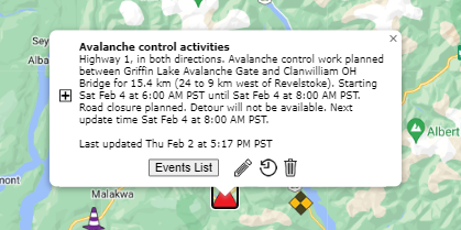 EmconSelkirk's tweet photo. Avalanche Control Trans Canada West of Revelstoke Saturday February 4, 2023 6am - 8 am. Check Drive BC for current updates #Drivebc #avalanchecontrol https://t.co/QjQ2VDvMh6