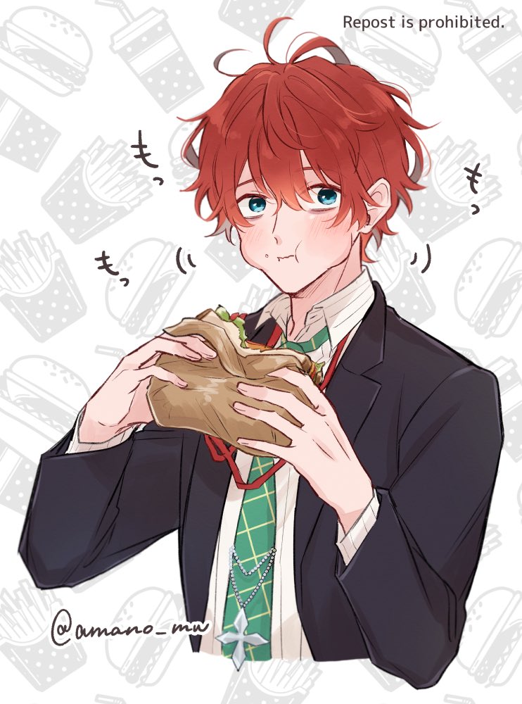 1boy male focus food necktie solo red hair burger  illustration images
