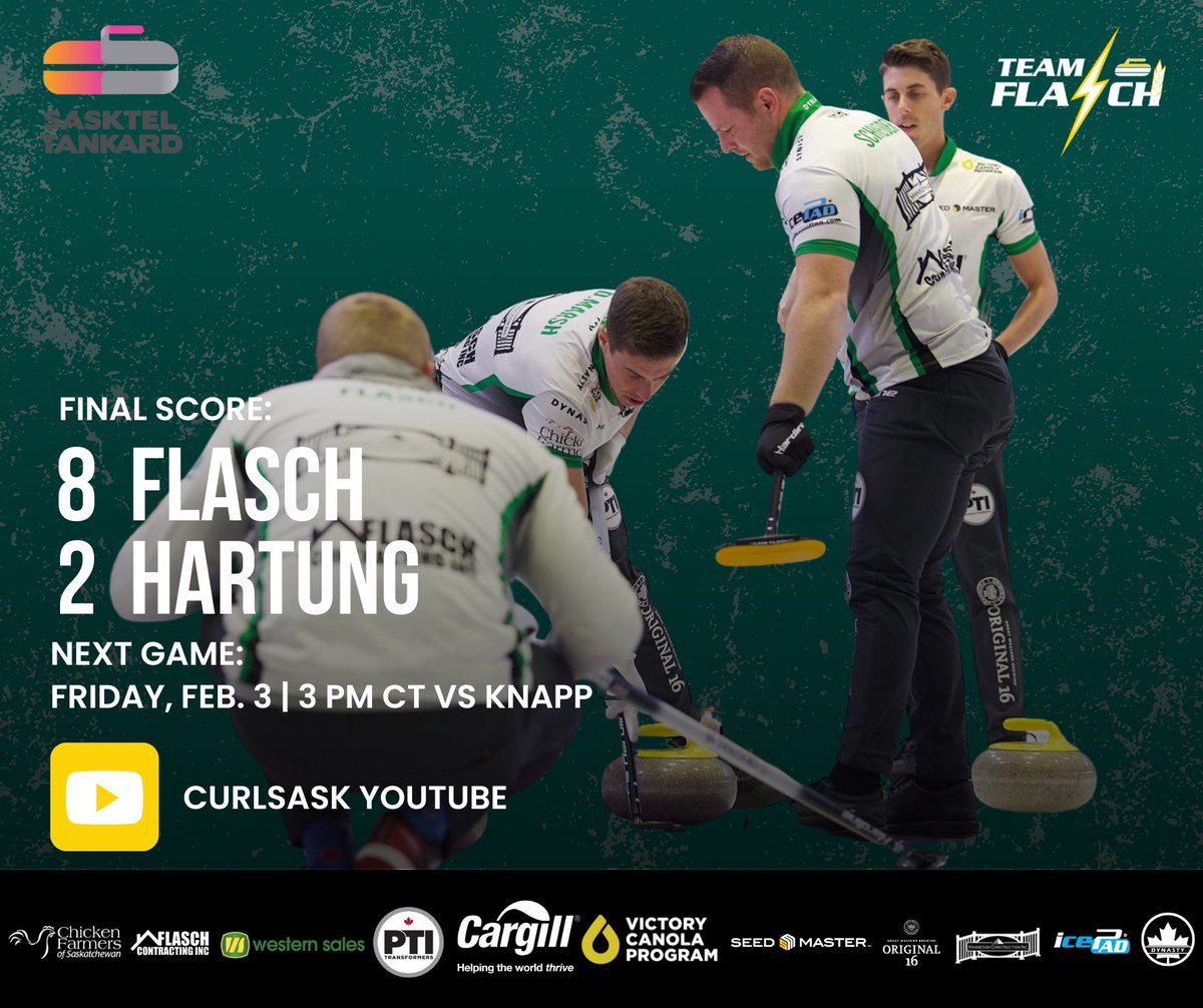 A strong game moves us along to the A Event Final! 👊🏻⚡️

NEXT GAME:
🗓️ Friday, Feb. 3
⏰ 3 pm CT
🆚 Knapp
📺 <a href="/CURLSASK/">CURLSASK</a> YouTube
💻 curlsask.ca

#TeamFlasch ⚡️