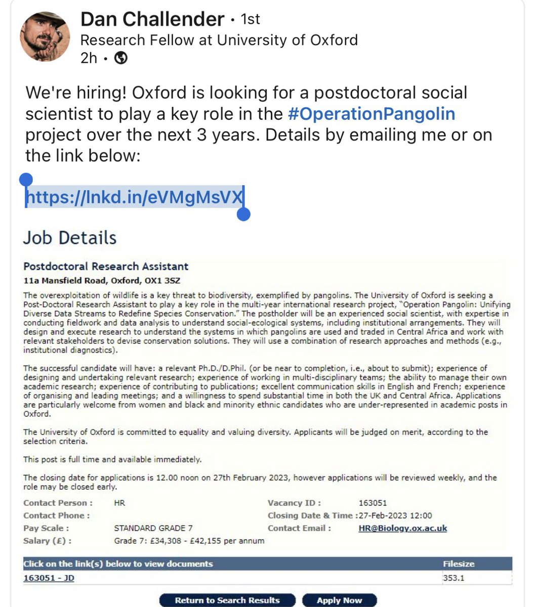 tsuman_1994's tweet photo. Postdoc fellowship (social scientist) at Oxford University for pangolin conservation through socio-ecological system! Great opportunity! #OperationPangolin #UK #Postdoc #SocialScientist #Oxford

https://t.co/jZi6Lcc74p https://t.co/MZy2ZRTTVN