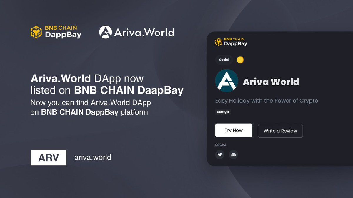 ArivaCoin's tweet photo. https://t.co/WXqZW1aFmN #DApp is listed on @DappBayBNB

https://t.co/980KlsUhHq
 
Download the #ArivaWorld Mobile App for one-touch access to your next #travel adventure.

#Ariva offers hassle-free #Holiday with the power of #Crypto.

$ARV #ArivaWorld #tourism #Web3  #buildl https://t.co/369dnynkht