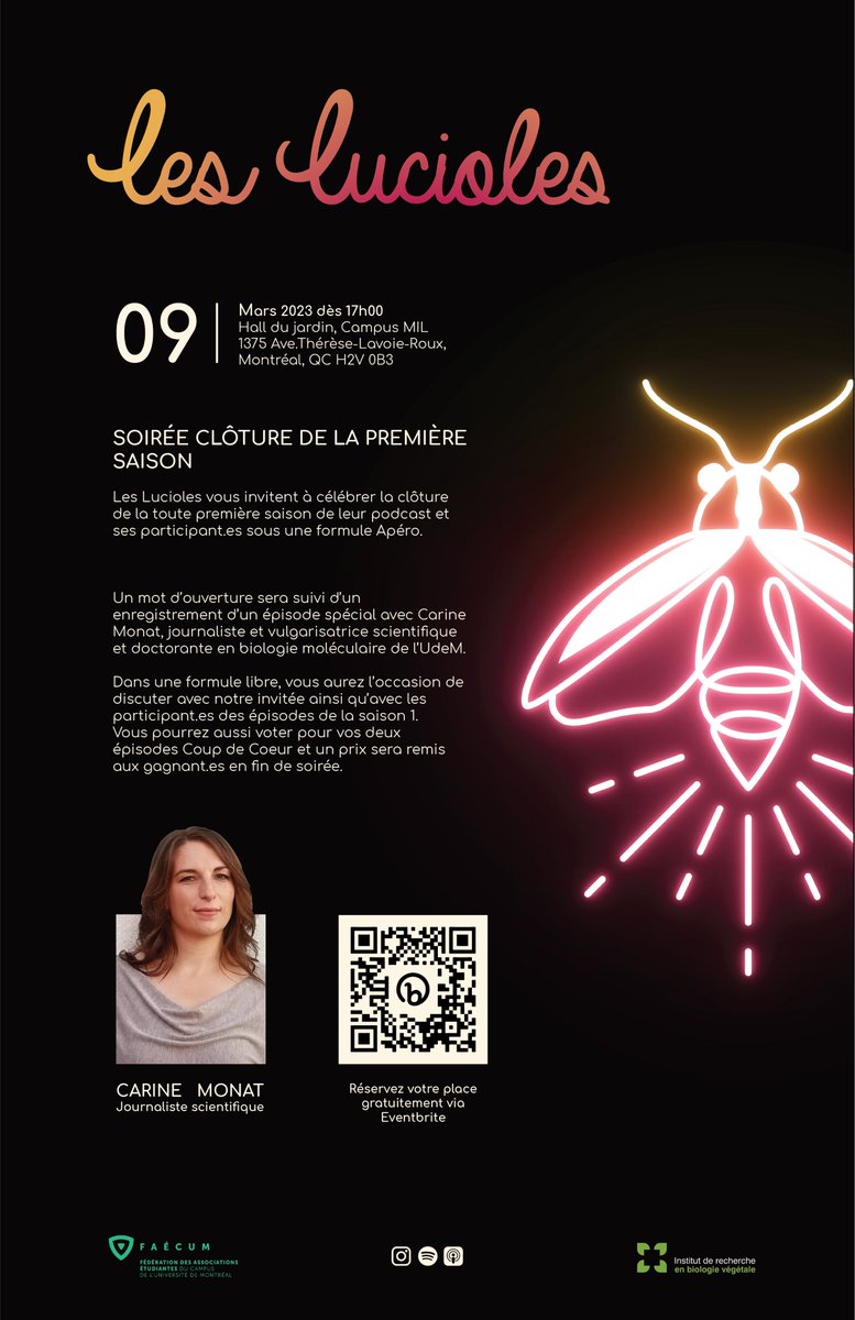 ✨Soirée de Clôture Les Lucioles S1 ✨
9 mars dès 17h | Campus MIL
Enregistrement en direct avec @CarineMonat, affiche des participant.es, stations d'écoute...+
Pour s'inscrire gratuitement: bit.ly/3HbCFHq 
<a href="/FASNouvelles/">FAS-UMontréal</a> <a href="/UMontreal/">Université de Montréal</a> <a href="/fbouchard/">Frédéric Bouchard</a>