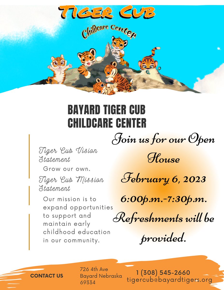 BayardTigers's tweet photo. We are excited to announce our partnership with the Tiger Cub Childcare Center! This community-owned and operated childcare center is hosted at BES, with all the benefits of our educational focus, safety, and resources. Join us for this Open House and to celebrate with us! https://t.co/vPVJ1ny2C7