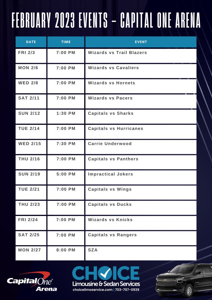 ChoiceLimo_DMV's tweet photo. UPCOMING EVENTS IN FEBRUARY‼️

Locations:
📍@CapitalOneArena 
📍@DCWarnerTheatre 
📍@FillmoreSS

Looking for transportation to any of these events? Visit us at https://t.co/mwybod2hkZ to get a quote!

#ChooseByChoice ☑️ https://t.co/amlVY9f1K8