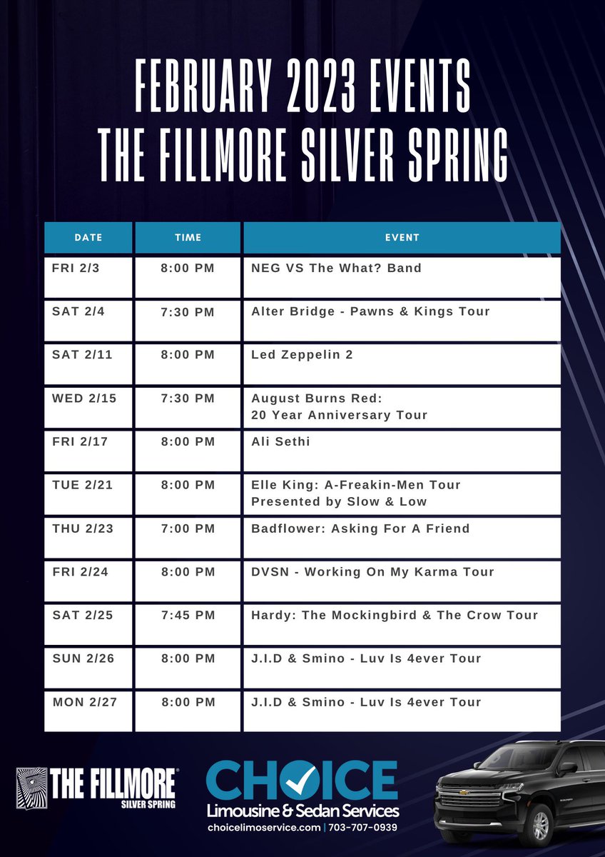 ChoiceLimo_DMV's tweet photo. UPCOMING EVENTS IN FEBRUARY‼️

Locations:
📍@CapitalOneArena 
📍@DCWarnerTheatre 
📍@FillmoreSS

Looking for transportation to any of these events? Visit us at https://t.co/mwybod2hkZ to get a quote!

#ChooseByChoice ☑️ https://t.co/amlVY9f1K8