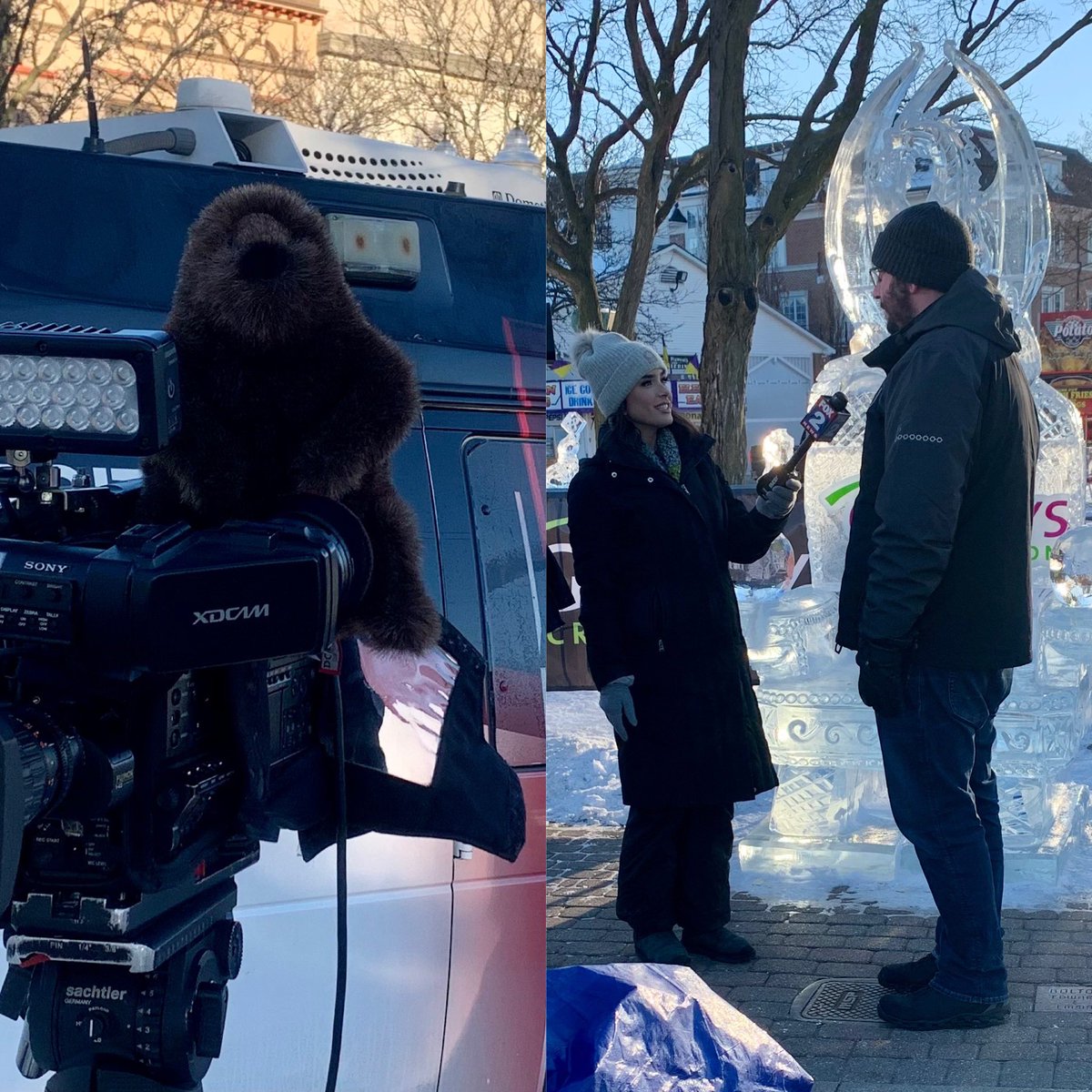 Glad to have <a href="/EricaOnAir/">Erica Francis</a> from <a href="/FOX2News/">FOX 2 Detroit</a> at <a href="/plymouthice/">Plymouth Ice Festival</a> Festival to team up with our shadow-seeing groundhog Bill. She even let him try out his camera skills.