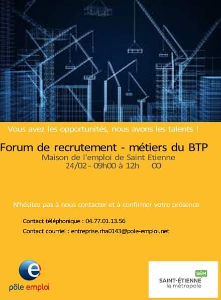 #FORUM recrutement #BTP
#Capeb animera un ESCAPE GAME ludique sur les métiers du BTP mesevenementsemploi.pole-emploi.fr/mes-evenements…
Entreprises phares du bassin Stéphanois #capeb #federationBTP #geiqbtp +agences intérim + organismes de formation : AFPA, CFA, GRETA.
mesevenementsemploi.pole-emploi.fr/mes-evenements…