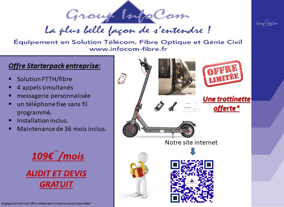 Group_Infocom's tweet image. #INFOCOM
"La plus belle façon de s'entendre !"
⚠️ Profitez de L' OFFRE LIMITÉE...😀

🎁Pour toute souscription à l'Offre "Starterpack" une trottinette électrique OFFERTE.