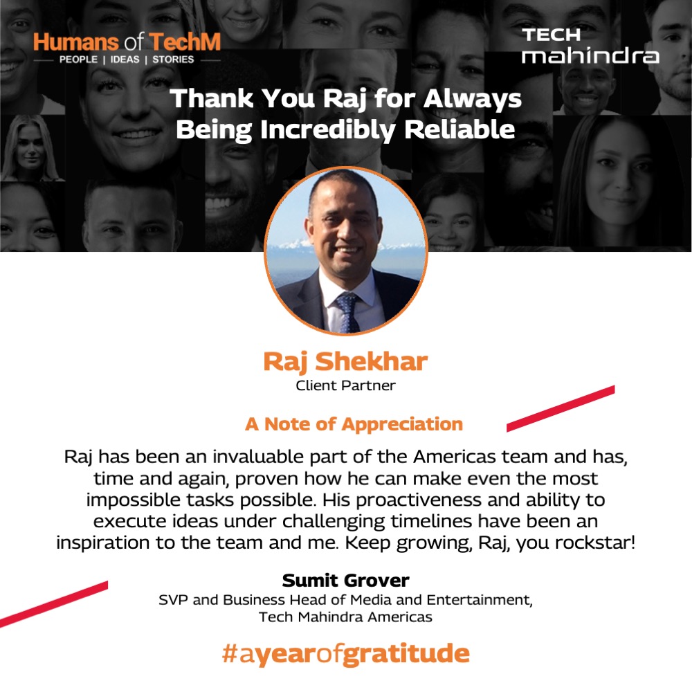 tech_mahindra's tweet photo. In this chapter of #AYearOfGratitude, we have Sumit Grover thanking Raj Shekhar, a Client Partner at @Tech_Mahindra.
Explore the Humans of TechM here: https://t.co/ge7SrQSY20
#Gratitude #HumansOfTechM #LoveToBeTechM https://t.co/Qsqvo6Jloy