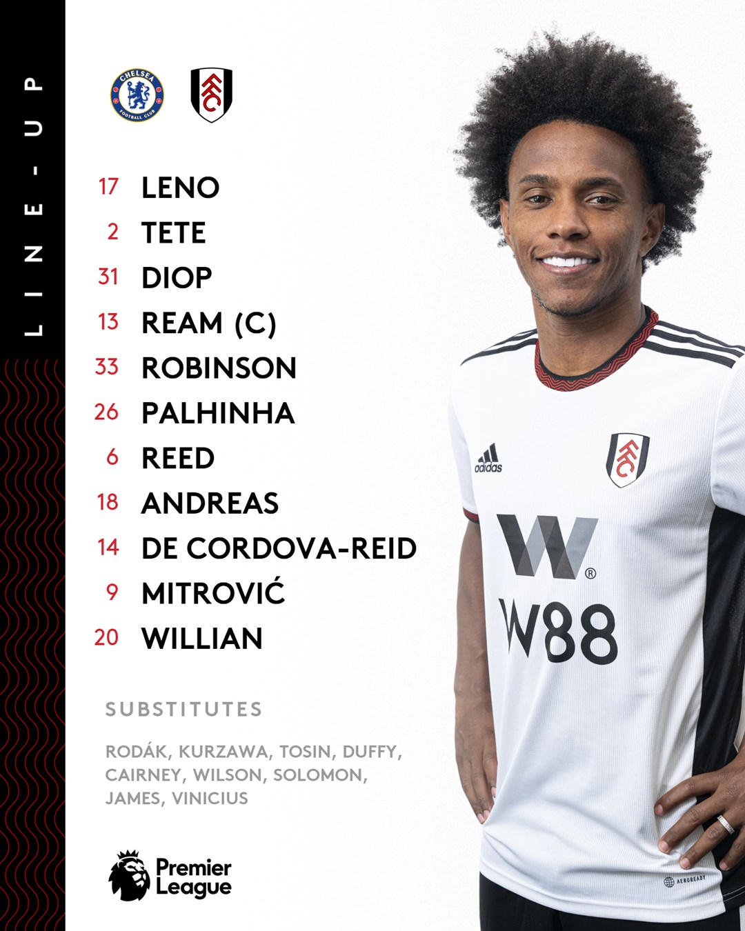 Line-ups: Leno, Tete, Diop, Ream (C), Robinson, Palhinha, Reed, Andreas, De Cordova-Reid, Mitrović, Willian. Substitutes: Rodák, Kurzawa, Tosin, Duffy, Cairney, Wilson, Solomon, James, Vinicius.