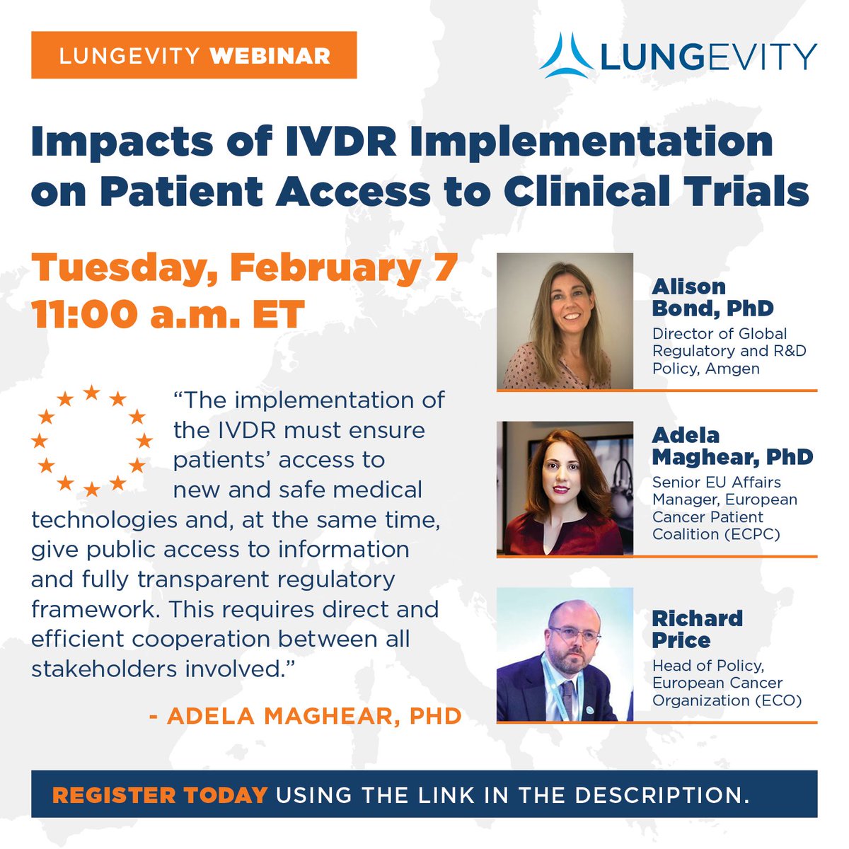 LUNGevity Foundation (@lungevity) on Twitter photo Join <a href="/RichardinBXL/">Richard Price</a> <a href="/AMaghear/">Adela Maghear</a> and Alison Bond as the impacts of IVDR implementation on patient access to #clinicaltrials are discussed during an informative webinar on 2/7 at 11AM ET. Sign up here: bit.ly/3DidDnU #cancerresearch #lungcancer #lcsm Join <a href="/RichardinBXL/">Richard Price</a> <a href="/AMaghear/">Adela Maghear</a> and Alison Bond as the impacts of IVDR implementation on patient access to #clinicaltrials are discussed during an informative webinar on 2/7 at 11AM ET. Sign up here: bit.ly/3DidDnU #cancerresearch #lungcancer #lcsm