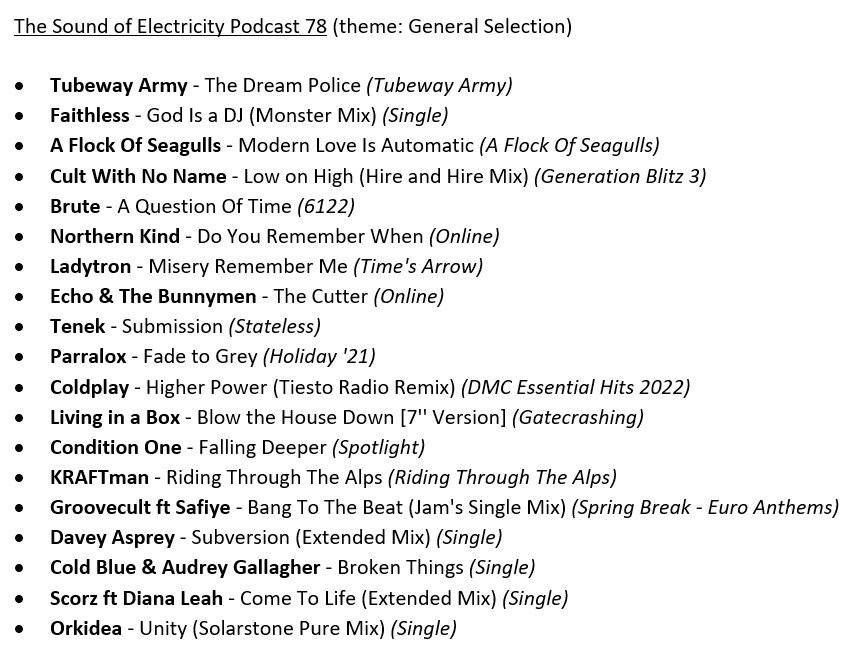 Sound Of Electricity (@soundelectric1) on Twitter photo Episode 78 tracklist
<a href="/seagullsrunning/">A Flock Of Seagulls</a>
<a href="/TheBruteMusic_/">The Brute</a>
<a href="/Cold_Blue/">Cold Blue</a> & <a href="/audreygallagher/">audreygallagher</a>
<a href="/coldplay/">Coldplay</a>
<a href="/cultwithnoname/">Cult With No Name</a>
@daveyasprey
<a href="/Bunnymen/">Echo & the Bunnymen</a>
@Faithless
@ladytronmusic
<a href="/northernkind/">Northern Kind</a>
<a href="/DJOrkidea/">Orkidea</a>
@parralox
<a href="/ItsScorz/">Scorz</a> ft <a href="/DianaLeahMusic/">Diana Leah</a>
@tenekinfo
<a href="/numanofficial/">Gary Numan</a>
podomatic.com/podcasts/theso… Episode 78 tracklist
<a href="/seagullsrunning/">A Flock Of Seagulls</a>
<a href="/TheBruteMusic_/">The Brute</a>
<a href="/Cold_Blue/">Cold Blue</a> & <a href="/audreygallagher/">audreygallagher</a>
<a href="/coldplay/">Coldplay</a>
<a href="/cultwithnoname/">Cult With No Name</a>
@daveyasprey
<a href="/Bunnymen/">Echo & the Bunnymen</a>
@Faithless
@ladytronmusic
<a href="/northernkind/">Northern Kind</a>
<a href="/DJOrkidea/">Orkidea</a>
@parralox
<a href="/ItsScorz/">Scorz</a> ft <a href="/DianaLeahMusic/">Diana Leah</a>
@tenekinfo
<a href="/numanofficial/">Gary Numan</a>
podomatic.com/podcasts/theso…
