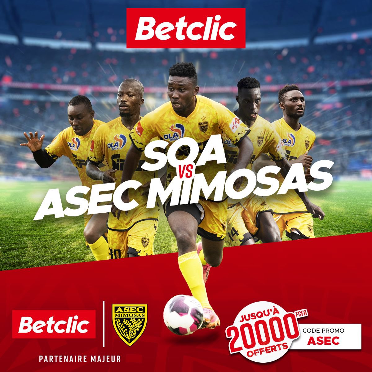 ASECMimosas's tweet photo. Les #Mimos de retour sur les terrains😍
Les joueurs affrontent la SOA pour leur retour ! Si tu n’as pas encore lancé ton pari sur le match, il est encore temps💪 Rendez-vous tout de suite sur Betclic, la victoire des Mimos est à 2,10💛🖤. 
#SOAASEC https://t.co/NcC4hh6ZkW