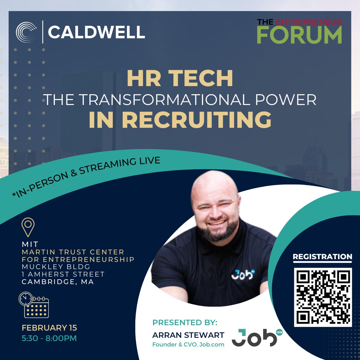 Join us on 2/15 and learn about how #AI is transforming #HRTech ARRAN STEWART, CVO of @Jobdotcom Job.com looks to reinvent the ‘process’ and deliver a new way of hiring with the use of AI, ML and Blockchain. theeforum.org/event/hr-techn…