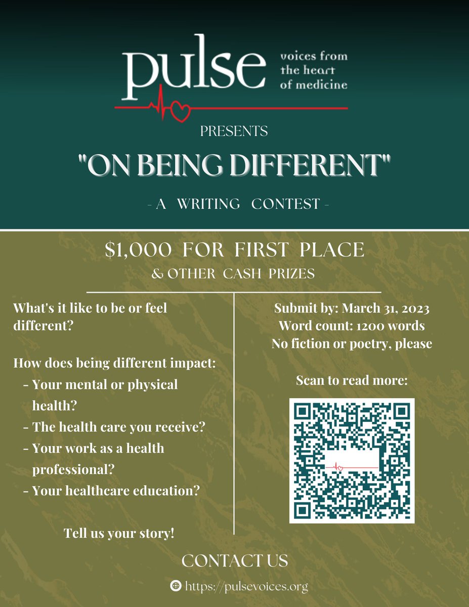 Pulsevoices's tweet photo. New contest alert! We want to hear about your experiences and perspectives "on being different". #narrativemedicine #medicalhumanities @CLOSLER 

Read more here: https://t.co/GbJkiDnR0E https://t.co/tPwCjwVasV