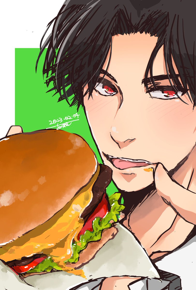 1boy food male focus burger red eyes black hair solo  illustration images