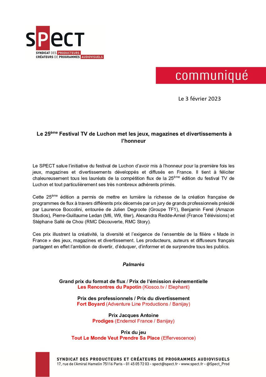 Spect_prod's tweet image. Félicitations à tous les lauréats de la compétition flux du 25ème festival TV de Luchon et tout particulièrement à nos nombreux adhérents primés ! @Alpfr @Effervescence_P @2p2l @Endemol_France @Satisfaction_tv @JeromeRevon @Toocoformats @BanijayFrance