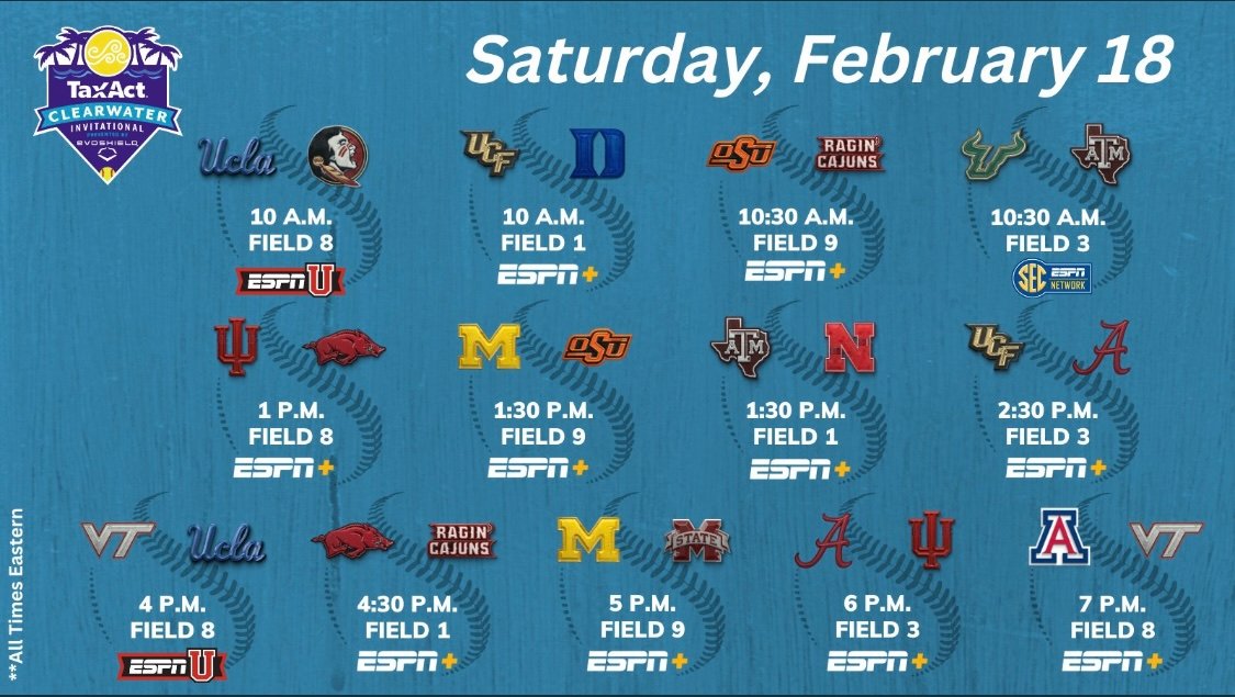 ClearwaterInv's tweet photo. This year's @TaxAct Clearwater Invitational Presented by @EvoShield TV lineup just dropped! You can catch all 40 games across ESPN platforms! #ClearwaterInvite https://t.co/zeaGSXsRjJ