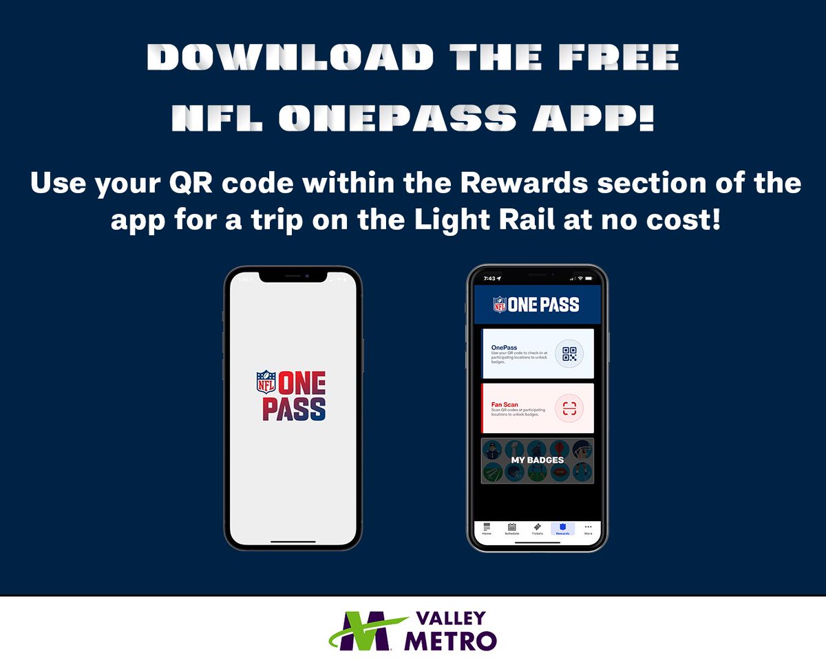 #ICYMI: Download the @NFL OnePass app📲 and QR code, which serves as light rail fare for @AZSuperBowl Experience events presented by Lowe's @PhoenixConCtr @HancePark. For @FootprintCNTR your event ticket serves as light rail fare.🏈

➡#PHXNewsroom story: phoenix.gov/newsroom/publi…