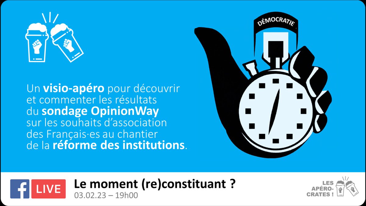 RDV à 19h pour parler RIC, Convention citoyenne, assemblée constituante... #LesApérocrates en ligne avec @DemOuverte @jroirant @mieux_voter et un #sondage @opinionway👉 ow.ly/4QjE50MI07M